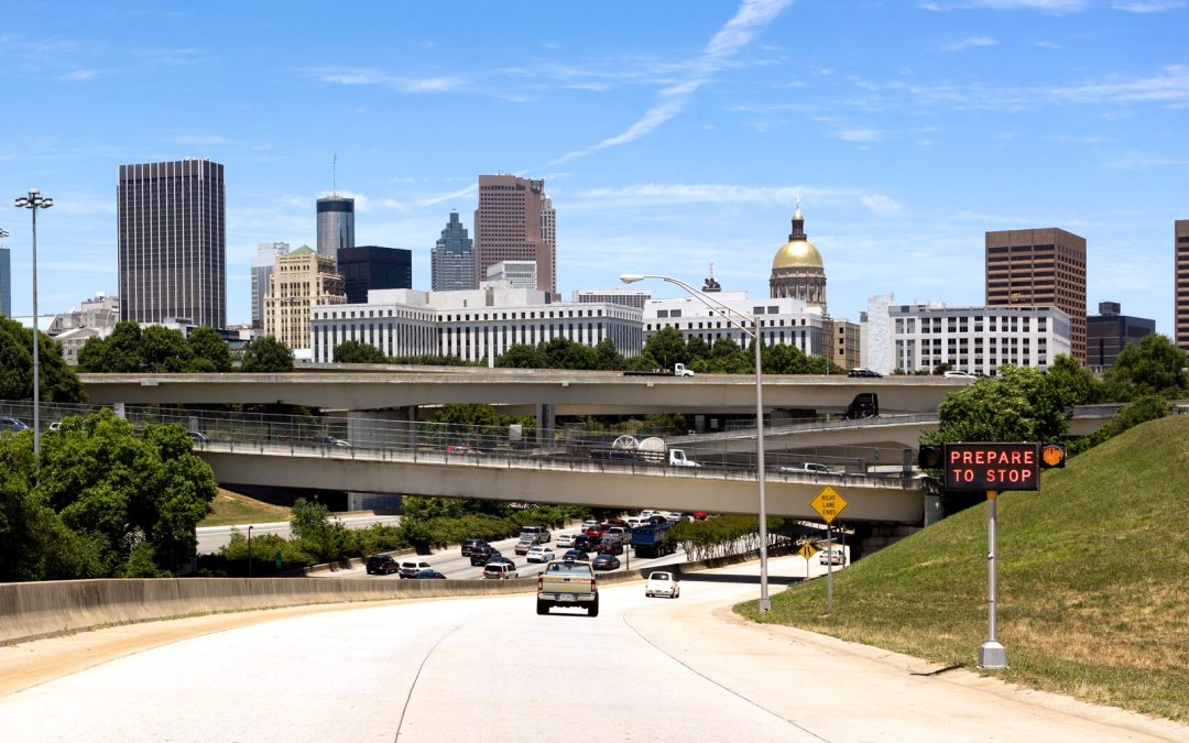 Car Entering Highway Rush Hour Downtown Atlanta Georgia City Sky